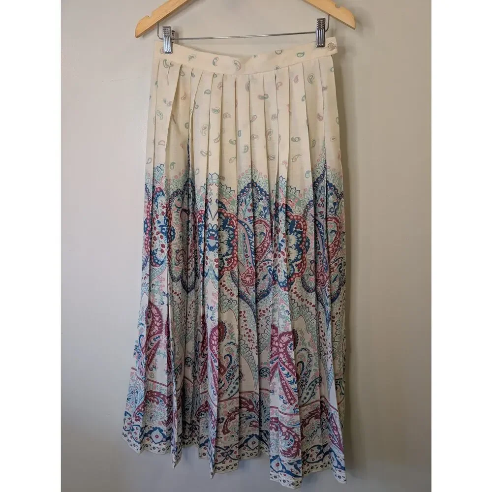 Vintage 80s Sears Pleated Paisley Maxi Skirt Border Print Cream Boho Size 14